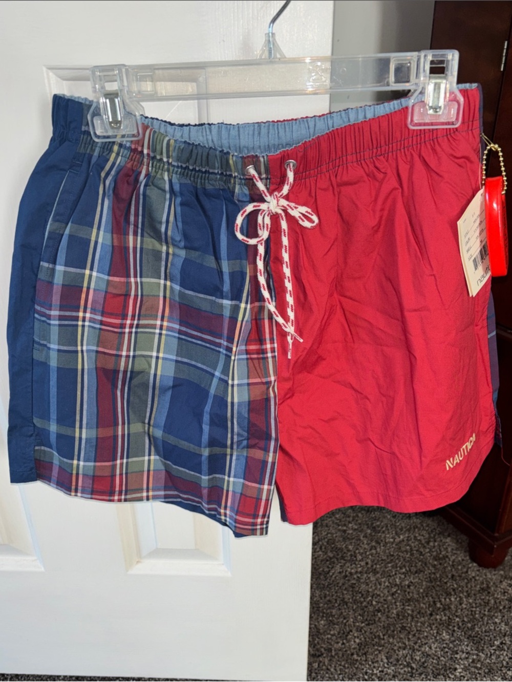 Nautica Red & Navy Split Plaid Swim Shorts